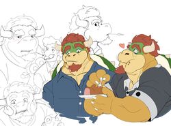  blush bowser clothing eating facial_hair goatee heart_symbol hi_res horn human koopa lhjal2 luigi male mammal mario_bros moustache muscular nintendo scalie shell shirt solo spikes topwear 