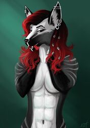  abs absurd_res alexandradane anthro black_and_white_and_red canid canine ear_piercing ear_ring female futhark hair hi_res industrial_piercing mammal muscular muscular_anthro muscular_female open_mouth piercing red_hair ring_piercing runes scandinavian solo stripes white_stripes 