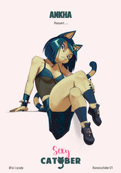  2021 absurd_res animal_crossing ankh ankha_(animal_crossing) anthro bent_legs biped blue_hair breasts catober catober_2021 clothed clothing crop_top crossed_legs digital_media_(artwork) digital_painting_(artwork) domestic_cat english_text felid feline felis feliscede female full-length_portrait hair head_tilt hi_res leg_over_thigh looking_at_viewer mammal markings medium_breasts nintendo portrait restricted_palette shaded shirt simple_background sitting solo striped_markings striped_tail stripes tail tail_markings text topwear translucent translucent_clothing translucent_topwear under_boob yellow_body 