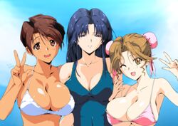  3girls bare_shoulders beach bikini blue_eyes blue_hair blue_sky blush breasts brown_eyes brown_hair cleavage cloud cloudy_sky collarbone covered_navel dark-skinned_female dark_skin day double_bun fujiwara_aya hair_bun hayasaka_akira highres large_breasts long_hair multiple_girls ocean one_eye_closed open_mouth outdoors pink_bikini sakura_naomiki shiny_skin short_hair single_hair_bun sky smile super_real_mahjong swimsuit tareme tongue toono_mizuki underboob upper_body v white_bikini 