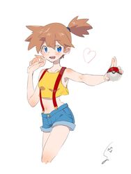  :d blue_eyes breasts commentary_request cropped_legs denim denim_shorts female highres holding holding_poke_ball kasumi_(pokemon) navel open_mouth orange_hair poke_ball poke_ball_(basic) pokemon pokemon_(anime) pokemon_(classic_anime) shirt short_hair shorts side_ponytail smile solo sumomo suspender_shorts suspenders tank_top yellow_shirt yellow_tank_top 