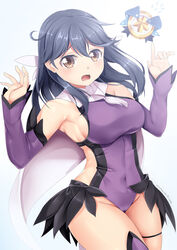  alternate_costume armpits bare_shoulders black_hair breasts brown_eyes cape commentary_request cosplay detached_sleeves fate/kaleid_liner_prisma_illya fate_(series) female hair_between_eyes hair_ribbon highres kantai_collection large_breasts leotard long_hair looking_at_viewer magical_girl magical_sapphire miyu_edelfelt miyu_edelfelt_(cosplay) navel open_mouth photoshop_(medium) purple_leotard purple_sleeves ribbon sideboob simple_background tears thigh_strap thighs ushio_(kancolle) white_background yasume_yukito 