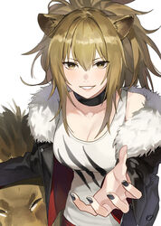  animal_ears arknights bad_id bad_twitter_id banababa black_jacket black_nails breasts choker cleavage collarbone commentary_request female fur-trimmed_jacket fur_trim grin hair_between_eyes hair_ornament highres jacket korean_commentary lion lion_ears lion_girl long_hair long_sleeves looking_at_viewer medium_breasts nail_polish siege_(arknights) simple_background smile standing tank_top teeth upper_body white_background white_tank_top 