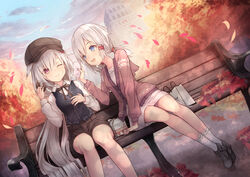  2girls :d autumn_leaves azur_lane bag bench black_bow black_footwear black_vest blue_eyes blue_sky blush boots bow brown_headwear brown_jacket brown_shorts cabbie_hat clock clock_tower closed_mouth cloud cloudy_sky collared_shirt commentary_request cross-laced_footwear day denver_(azur_lane) doughnut dress dress_shirt food food_on_face hair_between_eyes hair_ornament hairclip hat highres holding holding_food hood hood_down hooded_jacket jacket lace-up_boots long_hair long_sleeves low_twintails montpelier_(azur_lane) multiple_girls nishina_kakeri on_bench one_eye_closed open_mouth outdoors paper_bag park_bench pastry_box petals round_teeth shirt short_shorts shorts sitting skirt sky smile socks teeth tower twintails upper_teeth_only very_long_hair vest white_dress white_hair white_shirt white_skirt white_socks 