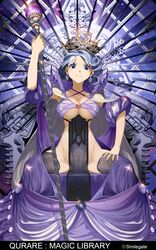  arm_up black_thighhighs blue_eyes blue_hair breasts cape closed_mouth commentary criss-cross_halter crown curly_hair detached_sleeves diamond_earrings dress earrings eyehead feet_out_of_frame female frontless_outfit gem glint groin hair_bun halterneck hand_on_own_thigh highres holding holding_scepter holding_staff jewelry large_breasts long_dress looking_at_viewer multiple_rings multiple_swords no_panties pelvic_curtain puffy_detached_sleeves puffy_short_sleeves puffy_sleeves purple_dress purple_gemstone purple_theme queen qurare_magic_library red_gemstone revealing_clothes ring scepter serious short_sleeves single_hair_bun sitting sky sleeveless sleeveless_dress solo spread_legs staff star_(sky) starry_sky straight-on sunburst supportasse swept_bangs sword thighhighs throne underboob weapon white_cape 