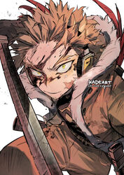  1boy black_shirt blonde_hair boku_no_hero_academia bomber_jacket brown_jacket brown_pants chipped_sword commentary costume dirty facial_hair facial_mark feathered_wings feathers fighting_stance forked_eyebrows fur-trimmed_jacket fur_trim goatee hawks_(boku_no_hero_academia) headphones high_collar holding holding_sword holding_weapon jacket kadeart katana long_eyebrows looking_at_viewer male_focus pants red_feathers red_wings scar scar_on_face sheath shirt short_hair solo striped_clothes striped_shirt stubble sword thick_eyebrows tight_clothes tight_shirt twitter_username weapon wings yellow_eyes 