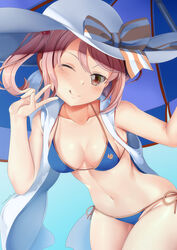  ;q alternate_costume arm_up artist_name bare_arms bare_shoulders beach_umbrella bent_over bikini blue_background blue_bikini blush bow breasts brown_eyes collarbone commentary_request cosplay cowboy_shot dutch_angle fate/grand_order fate_(series) female gradient_background hand_up hat hat_bow highres kantai_collection looking_at_viewer navel one_eye_closed parasol photoshop_(medium) pink_hair sazanami_(kancolle) shiny_skin side-tie_bikini_bottom sleeveless small_breasts smile solo striped striped_bow sun_hat swept_bangs swimsuit tamamo_(fate) tamamo_no_mae_(swimsuit_lancer)_(fate) tamamo_no_mae_(swimsuit_lancer)_(fate)_(cosplay) tamamo_no_mae_(swimsuit_lancer)_(third_ascension)_(fate) tongue tongue_out twintails umbrella v white_hat yasume_yukito 