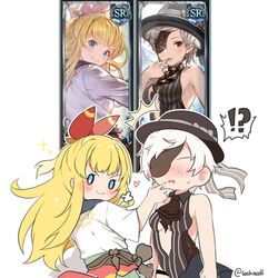  !? 2girls black_headwear blonde_hair blue_eyes blush breasts eyepatch granblue_fantasy hat highres japanese_clothes long_hair looking_at_viewer mirin_(granblue_fantasy) multiple_girls sashacall short_hair smile tanya_(granblue_fantasy) white_background white_hair yuri 