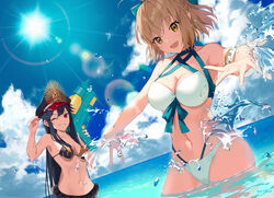  2girls ahoge bare_shoulders bikini black_hair blue_sky bow breasts brown_eyes cleavage cloud cloudy_sky collarbone commentary_request day dutch_angle fate/grand_order fate_(series) front-tie_bikini_top front-tie_top hairbow halterneck hat highres holding holding_water_gun horizon large_breasts lens_flare long_hair looking_at_viewer medium_breasts motto_(night_wear) multiple_girls navel ocean oda_nobunaga_(fate) oda_nobunaga_(swimsuit_berserker)_(fate) oda_nobunaga_(swimsuit_berserker)_(second_ascension)_(fate) okita_j._souji_(fate) okita_j._souji_(third_ascension)_(fate) okita_souji_(fate) open_mouth outdoors outstretched_arm outstretched_hand red_eyes short_hair sky smile splashing stomach sun sunlight swimsuit teeth wading water water_gun 