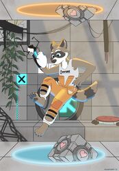  anthro aperture_logo aperture_science clothed clothing falling fully_clothed hi_res jumpsuit male mammal midair nicksfurry pawpads paws portal portal_(series) portal_gun procyonid raccoon solo valve weighted_companion_cube 