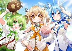  3girls animal_ear_fluff animal_ears animal_hands animare bear_ears bear_hair_ornament bear_paws black_ribbon bow dog_ears gloves green_bow green_footwear green_hair green_skirt hair_ornament highres hinokuma_ran inaba_haneru_(animare) multiple_girls nanashi_inc. one_eye_closed orange_skirt paw_gloves ribbon skirt souya_ichika souya_ichika_(1st_costume) usaba_(usabara_c) virtual_youtuber 