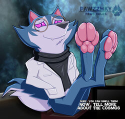  2020 anthro blue_body blue_fur bottomless canid canine canis chair chalkboard clothed clothing dreamworks english_text eyewear fur furniture glasses good_billions_(kipo) hand_in_pocket kipo_and_the_age_of_wonderbeasts male mammal multicolored_body multicolored_fur nerd netflix pawpads paws pawzzhky pink_pawpads pockets presenting purple_sclera raised_paw sitting solo text two_tone_body two_tone_fur white_body white_fur wolf 