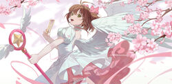  angel_wings artist_name bow brown_hair cardcaptor_sakura cherry_blossoms clear_card commentary dress female flower from_behind from_side green_eyes hairbow holding holding_staff hoshi_no_tsue kinomoto_sakura looking_at_viewer looking_back magical_girl open_mouth pink_bow pink_dress pink_flower pink_ribbon pink_theme puffy_short_sleeves puffy_sleeves ribbon short_hair short_sleeves solo staff symbol-only_commentary thigh_strap twitter_username white_dress white_wings wings xiaojiaju 