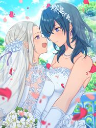  2girls bad_id bad_twitter_id bare_shoulders bead_necklace beads blue_eyes blue_flower blue_sky blurry bouquet bridal_veil byleth_(female)_(fire_emblem) byleth_(fire_emblem) commentary day depth_of_field dress earrings edelgard_von_hresvelg eye_contact face-to-face falling_petals fire_emblem fire_emblem:_three_houses flower green_hair grey_hair hair_flower hair_ornament highres hoshido1214 ironwork jewelry long_hair looking_at_another medium_hair multiple_girls necklace petals pink_petals purple_eyes red_petals sky smile upper_body veil wedding_dress white_dress white_flower wife_and_wife yuri 