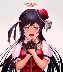  black_gloves black_hair chase!_(love_live!) commentary female fingerless_gloves gloves grey_eyes hat highres idol jyon long_hair love_live! love_live!_nijigasaki_high_school_idol_club love_live!_school_idol_festival_all_stars microphone_stand mini_hat music open_mouth puffy_sleeves red_hat simple_background singing solo white_background yuki_setsuna_(love_live!) 