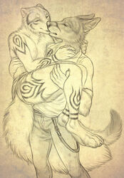  2021 4_toes 5_fingers anthro bridal_carry canid canine canis carrying_another carrying_partner clothed clothing coyote duo feet fingers fox fur hi_res kissing male male/male mammal puquanah ransom romantic romantic_couple rukis tail toes traditional_media_(artwork) 