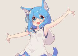  animal_ear_fluff animal_ears aoi_tori armpits arms_up blue_eyes blue_hair cat_ears cat_tail dress female grey_background highres hood open_mouth original outstretched_arms short_dress short_hair simple_background sleeveless sleeveless_dress smile solo tail teru-chan_(aoi_tori) upper_body white_dress 