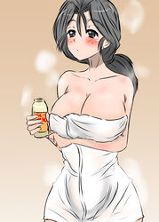  absurdres bare_shoulders blush bottle breast_hold breasts brown_background cleavage commentary female freckles girls_und_panzer gradient_background grey_eyes grey_hair hair_tie half-closed_eyes highres holding holding_bottle large_breasts long_hair moesenyukikaze naked_towel one-hour_drawing_challenge parted_lips piyotan_(girls_und_panzer) ponytail solo standing steam towel 