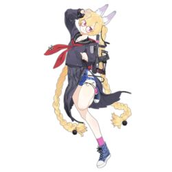  animal_ear_fluff animal_ears black_serafuku blonde_hair blue_footwear blue_one-piece_swimsuit blush braid breasts female full_body girls&#039;_frontline glasses gun hair_ornament hair_ribbon hairclip hand_up jewelry long_hair long_sleeves looking_at_viewer neckerchief official_alternate_costume official_art old_school_swimsuit one-piece_swimsuit pandegg pink_socks purple_eyes red_neckerchief ribbon ring round_eyewear school_swimsuit school_uniform serafuku shoes side_slit skirt small_breasts smile sneakers socks solo sr-3mp sr-3mp_(commando_bunny)_(girls&#039;_frontline) sr-3mp_(girls&#039;_frontline) standing standing_on_one_leg swimsuit swimsuit_under_clothes transparent_background twin_braids very_long_hair weapon 