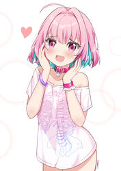  absurdres ahoge artist_name bangle bare_shoulders blue_hair blush bracelet collar collarbone commentary_request cowboy_shot earrings female hair_between_eyes hair_intakes hand_on_own_face hands_up heart heart-shaped_lock highres idolmaster idolmaster_cinderella_girls jewelry lips looking_at_viewer multicolored_hair oerba_yun_fang off-shoulder_shirt off_shoulder open_mouth pill_earrings pink_collar pink_eyes pink_hair pink_wristband raised_eyebrows sasha_chii shirt short_hair short_sleeves simple_background skeleton_print smile solo t-shirt thick_thighs thighs tongue two-tone_hair white_background white_shirt wide_hips yumemi_riamu 