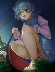  bare_legs blue_eyes blue_hair blue_skirt blue_vest blush commentary_request feet female geta heterochromia holding holding_umbrella juliet_sleeves karakasa_obake long_sleeves nail_polish open_mouth panties pantyshot piyodesu puffy_sleeves red_eyes shirt short_hair skirt squatting tatara_kogasa toenail_polish toenails toes tongue tongue_out touhou umbrella underwear vest white_shirt 