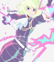  1boy ascot bad_source belt black_belt black_gloves black_jacket black_pants commentary_request fire frilled_sleeves frills frown gloves green_hair half_gloves jacket knee_up lio_fotia looking_at_viewer male_focus multiple_belts n4391 otoko_no_ko pants pink_fire promare purple_eyes pyrokinesis short_hair sidelocks simple_background solo thigh_belt thigh_strap twitter_username white_ascot white_background white_belt 