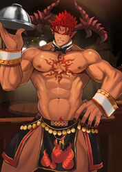  1boy abs bara chest_tattoo collarbone curled_horns dark-skinned_male dark_skin demon_boy demon_horns f_jun highres horns ifrit_(housamo) large_hands large_pectorals looking_at_viewer male_focus muscular muscular_male nail_polish nipples paid_reward_available pectorals pointy_ears red_eyes red_hair revealing_clothes solo spiked_hair tattoo thick_thighs thighs tokyo_afterschool_summoners topless_male 