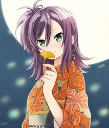  abe_kanari alternate_costume commentary_request earrings female floral_print full_moon ginkgo_leaf green_eyes high_school_fleet holding holding_leaf japanese_clothes jewelry katsuta_satoko kimono leaf long_hair looking_at_viewer moon orange_kimono photoshop_(medium) purple_hair smile solo upper_body 