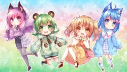  4girls animal_costume animal_ear_fluff animal_ears animal_hands animare bat_ears bat_ornament bear_costume bear_ears bear_hair_ornament bear_paws bow character_hair_ornament character_print chibi commentary_request dog_ears gloves green_bow green_footwear green_hair green_skirt hair_ornament heart heart_hair_ornament highres hinokuma_ran inaba_haneru_(animare) multiple_girls nanashi_inc. paw_gloves pink_hair skirt souya_ichika souya_ichika_(3rd_costume) umori_hinako usaba_(usabara_c) virtual_youtuber 