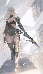  bare_shoulders black_choker boots breasts building choker cleavage cyborg feather-trimmed_sleeves female frenlyse gloves grey_hair highres impossible_clothes large_breasts long_hair maeshima_shigeki mechanical_arms mechanical_legs multi-strapped_bra nier_(series) nier_reincarnation prosthesis prosthetic_arm prosthetic_leg purple_eyes single_mechanical_arm single_mechanical_leg thigh_boots thighhighs thighs 