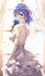  alternate_costume arm_at_side backless_dress backless_outfit bare_shoulders blue_eyes blue_flower blue_hair blush breasts bridal_veil commentary_request covering_own_mouth curtains day dress elbow_gloves female flower flower_knot from_behind gloves hair_ornament hair_ribbon hand_up highres holding holding_flower looking_at_viewer looking_back lotpi medium_breasts re:zero_kara_hajimeru_isekai_seikatsu red_ribbon rem_(re:zero) ribbon short_hair solo strapless strapless_dress sunlight veil wedding_dress white_dress white_gloves window x_hair_ornament 