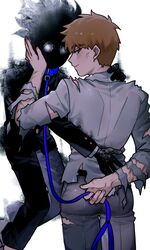  2boys ass aura black_hair black_pants brown_hair buttoned_cuffs buttons chinese_commentary collar commentary_request dirty dirty_face floating formal from_behind gakuran glowing glowing_eyes grey_jacket grey_pants hand_on_another&#039;s_cheek hand_on_another&#039;s_face highres holding holding_leash hug jacket kageyama_shigeo kageyama_shigeo_(???) leash long_sleeves looking_at_viewer looking_back male_focus mob_psycho_100 multiple_boys otaku0220 pants profile reigen_arataka school_uniform shadow short_hair simple_background smile smoke spiked_hair suit tight_clothes tight_pants torn_clothes torn_jacket torn_pants white_background 