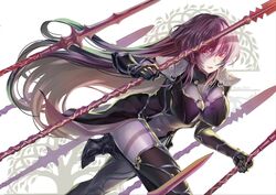  absurdres armor bodysuit breasts fate/grand_order fate_(series) female hair_between_eyes high_heels highres holding holding_polearm holding_weapon large_breasts long_hair looking_at_viewer natsujiru polearm red_eyes scathach_(fate) shoulder_armor simple_background solo spear weapon white_background 