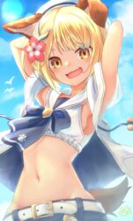  :d absurdres animal_ears armpits arms_behind_head arms_up bare_shoulders belt blonde_hair blue_ribbon blue_shorts blue_sky blush braid breasts cloud commentary_request cowboy_shot day dog_ears dog_tail erune eyebrows_hidden_by_hair female flower granblue_fantasy groin hair_flower hair_ornament hat highres hood hood_down hooded_jacket jacket kanimiso_(juutilainen77) lens_flare looking_at_viewer midriff navel neck_ribbon oerba_yun_fang official_alternate_costume open_clothes open_jacket open_mouth paw_print ribbon sailor_bikini sailor_collar sailor_hat short_hair shorts sideboob sidelocks sky sleeveless sleeveless_jacket smile solo standing swimsuit tail vajra_(granblue_fantasy) vajra_(summer)_(granblue_fantasy) white_belt white_hat white_jacket white_sailor_collar 