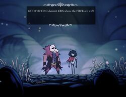  absurd_res ambiguous_gender anthro armor bone bottomwear bracelet clothing deltarune dialogue duo english_text female hair hi_res hollow_knight humanoid humor jewelry kris_(deltarune) kris_where_are_we long_hair meme pants profanity purple_hair scalie skull skull_head style_emulation susie_(deltarune) team_cherry text undertale_(series) venonoodle 