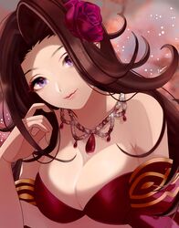  arm_under_breasts armpits bare_shoulders blurry blurry_background breasts brown_hair cleavage commentary_request dress eyes_visible_through_hair female floating_hair flower forehead hair_flower hair_ornament ich. idolmaster idolmaster_cinderella_girls jewelry large_breasts light_smile lipgloss long_hair looking_at_viewer necklace off-shoulder_dress off_shoulder red_dress rose solo takahashi_reiko upper_body 