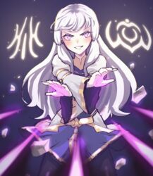  blush crossed_arms dress female fire_emblem fire_emblem:_three_houses fire_emblem_warriors:_three_hopes grin highres long_hair looking_at_viewer lysithea_von_ordelia magic official_alternate_costume official_alternate_hairstyle outstretched_arms purple_dress purple_eyes sher_(imnotsher) smile solo white_hair white_sleeves 