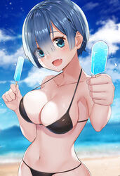  alternate_costume bare_shoulders beach bikini black_bikini blue_eyes blue_hair blue_sky blurry blurry_background blush breasts cleavage cloud cloudy_sky collarbone commentary day ebinomi eyes_visible_through_hair female food hair_ornament hair_over_one_eye halterneck highres holding ice_cream incoming_food looking_at_viewer navel ocean oerba_yun_fang open_mouth outdoors re:zero_kara_hajimeru_isekai_seikatsu rem_(re:zero) short_hair sky solo stomach string_bikini swimsuit upper_body 