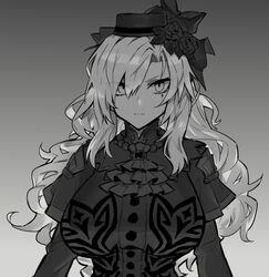  ascot breasts capelet dress fate/grand_order fate_(series) female flower greyscale hat kriemhild_(fate) kriemhild_(first_ascension)_(fate) large_breasts long_hair long_sleeves looking_at_viewer melon22 mole mole_under_eye monochrome rose solo veil 