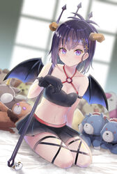  absurdres bare_shoulders black_gloves black_skirt black_wings blush breasts charm_(object) cleavage collarbone commentary_request criss-cross_halter crop_top demon_girl demon_horns demon_wings expressionless female full_body gabriel_dropout gloves groin hair_ornament hairclip hallelujah_essaim halterneck highres holding holding_polearm holding_weapon horns indoors looking_at_viewer medium_hair midriff miniskirt navel o-ring o-ring_top pleated_skirt polearm purple_eyes purple_hair seiza sitting skirt solo stuffed_animal stuffed_toy tenma-gav trident vignette_tsukinose_april weapon wings x_hair_ornament 