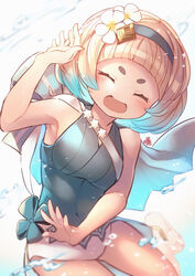  ^_^ blue_hair closed_eyes female fire_emblem fire_emblem_heroes flower hair_flower hair_ornament hairband happy highres multicolored_hair nakabayashi_zun one-piece_swimsuit open_mouth short_hair smile solo swimsuit white_hair ylgr_(fire_emblem) ylgr_(summer)_(fire_emblem) 