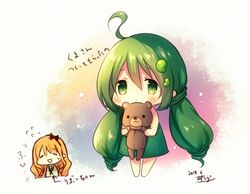  2girls :&lt; :d ahoge azu_torako bangs banned_artist bare_arms bare_shoulders barefoot black_bow blush bow chibi closed_eyes closed_mouth dress flying_sweatdrops green_dress green_eyes green_hair green_shirt hair_between_eyes hair_ornament hairbow holding holding_stuffed_animal multiple_girls open_mouth orange_hair original shirt sleeveless sleeveless_dress smile solo_focus standing stuffed_animal stuffed_toy teddy_bear translation_request twintails 