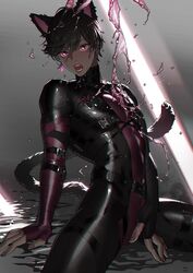  1boy animal_ears arm_support arrow_(symbol) artist_name belt black_bodysuit black_hair bloodcat_(babacatcat) bodysuit cat_boy cat_ears cat_tail code_vein cowboy_shot crack_of_light dark-skinned_male dark_skin dated extra_ears eyeliner fangs fingerless_gloves gloves grey_background hair_between_eyes heart heart_in_eye highres honeycomb_(pattern) liquid makeup male_focus mole mole_under_eye motion_blur multiple_belts nail open_mouth pink_eyes protagonist_(code_vein) purple_bodysuit purple_nails short_hair sitting solo swept_bangs symbol_in_eye tail toned toned_male two-tone_bodysuit wet wet_hair 