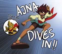  1boy absurdres ajna_(indivisible) ankle_wrap axe beads bike_shorts bracelet brown_eyes brown_hair dark_skin female fizzysenpai flying_kick gloves highres indivisible jewelry kamen_rider kicking naga_rider parody rider_kick sandals short_sleeves shorts single_glove thumbs_up 