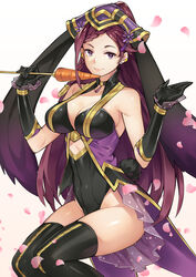  alternate_costume bare_shoulders black_gloves black_leotard braid breasts carrot cleavage closed_mouth commentary earrings female fire_emblem fire_emblem_heroes food ge-b gloves grey_background hair_ornament hat highres holding holding_food jewelry large_breasts leotard lips loki_(fire_emblem) loki_(spring)_(fire_emblem) long_hair looking_at_viewer purple_eyes purple_hair smile solo thighhighs thighs 