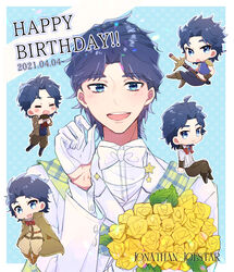  1boy :d absurdres blue_eyes blue_hair blush bouquet bow bowtie chibi dated flower formal gloves happy_birthday highres jojo_no_kimyou_na_bouken jonathan_joestar looking_at_viewer luck_and_pluck male_focus open_mouth phantom_blood scarf smile suit sword upper_body weapon white_bow white_bowtie white_gloves white_suit yellow_flower yofuke_(mu_yume) 