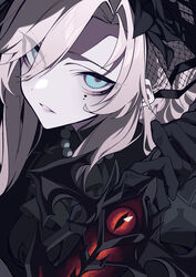  absurdres ascot black_capelet black_dress black_flower black_gloves black_hat black_rose breasts capelet commentary dress eyes_visible_through_hair fate/grand_order fate_(series) female flower gloves grey_eyes hat highres kania kriemhild_(fate) kriemhild_(first_ascension)_(fate) large_breasts long_hair long_sleeves looking_at_viewer mole mole_under_eye rose solo sword veil weapon white_hair 