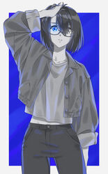  absurdres bad_id bad_pixiv_id banana_oekaki blue_background blue_eyes coat commentary_request female glasses greyscale_with_colored_background hair_between_eyes hand_in_own_hair hand_on_own_head heterochromia highres kamikoshi_sorawo looking_at_viewer monochrome pants short_hair solo spot_color standing urasekai_picnic 