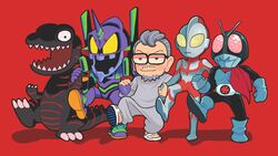  3boys anno_hideaki_(person) beard chibi clenched_hand commentary creator_and_creation creator_connection crossover eva_01 evangelion:_3.0+1.0_thrice_upon_a_time evangelion_(mecha) facial_hair gashi-gashi glasses godzilla godzilla_(series) godzilla_(shin) grey_hair highres horns kaijuu kamen_rider kamen_rider_1_(shin) locked_arms mecha moustache multiple_boys multiple_crossover neon_genesis_evangelion open_mouth real_life rebuild_of_evangelion red_background red_eyes robot science_fiction sharp_teeth shin_godzilla shin_japan_heroes_universe shin_kamen_rider shin_ultraman single_horn smug symbol-only_commentary teeth tokusatsu ultra_series ultraman ultraman_(shin) yellow_eyes 