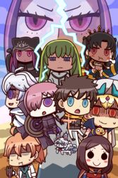  1other 4boys 5girls androgynous arabian_clothes armor armored_dress asymmetrical_legwear asymmetrical_sleeves blonde_hair blue_eyes blue_gloves brown_hair chaldea_logo chaldea_uniform chibi cloak closed_eyes command_spell creature cropped_vest crown detached_collar detached_sleeves earrings elbow_gloves enkidu_(fate) fate/grand_order fate_(series) forehead fou_(fate) fujimaru_ritsuka_(male) fujimaru_ritsuka_(male)_(true_ether_chaldea_uniform) gilgamesh_(caster)_(fate) gilgamesh_(fate) gloves gorgon_(fate) grail-kun green_hair hair_over_one_eye heavenly_boat_maanna highres holding holding_shield hood hooded_cloak hooded_robe hoop_earrings ishtar_(fate) jewelry jitome korean_commentary l.n lab_coat leonardo_da_vinci_(fate) lightning long_hair lord_camelot_(fate) mash_kyrielight medusa_(fate) medusa_(lancer)_(fate) merlin_(fate) multiple_boys multiple_girls official_alternate_costume orange_hair parody parted_bangs purple_eyes purple_hair red_eyes riyo_(lyomsnpmp)_(style) robe romani_archaman scarf shield short_hair single_detached_sleeve single_elbow_glove single_sleeve single_thighhigh style_parody thighhighs tiara tohsaka_rin turban two_side_up uneven_legwear uneven_sleeves very_long_hair vest weapon white_robe 